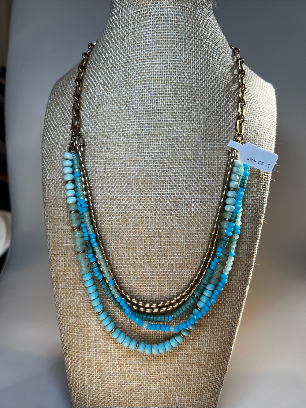 Stella & Dot $118 layered necklace with multi-strand turquoise beads gold chain